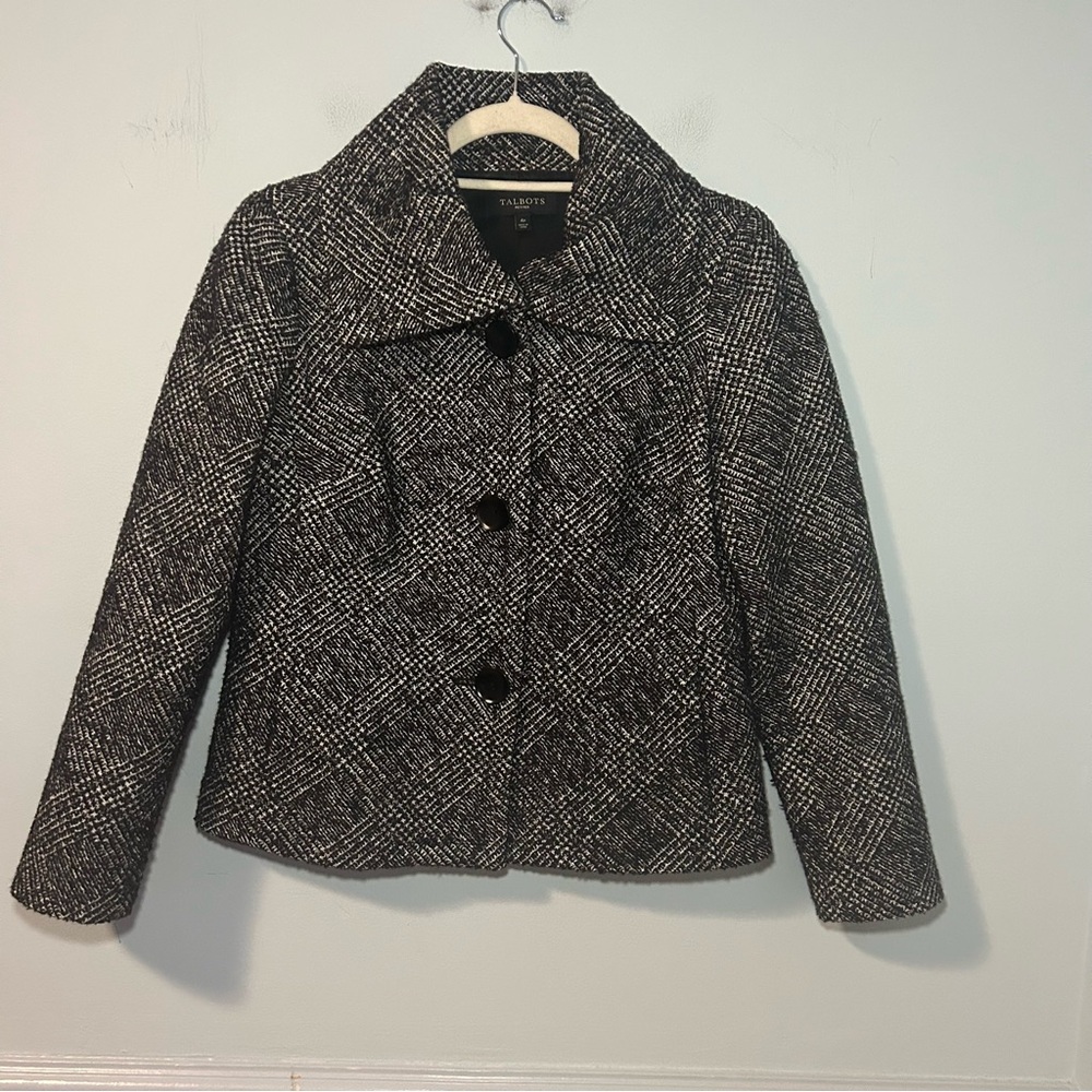 Talbots Black & White Wool Blend Tweed Blazer Size 4 Petite